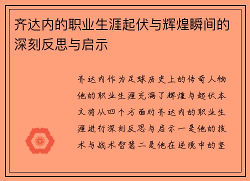 齐达内的职业生涯起伏与辉煌瞬间的深刻反思与启示